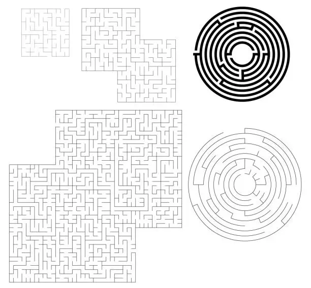 Vector illustration of Set of maze in different geometric shapes - rectangles and circle vector isolated on white background, Find the way puzzles for children vector illustration