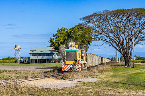 Ingham, Australia - July 29, 2022: Macknade Mill's No.20  (B-B built in 1977 by  EM Baldwin) trundles down Four Mile Rd near Ingham with a load of cut cane headed for the Mill. The train is passing an elevated \