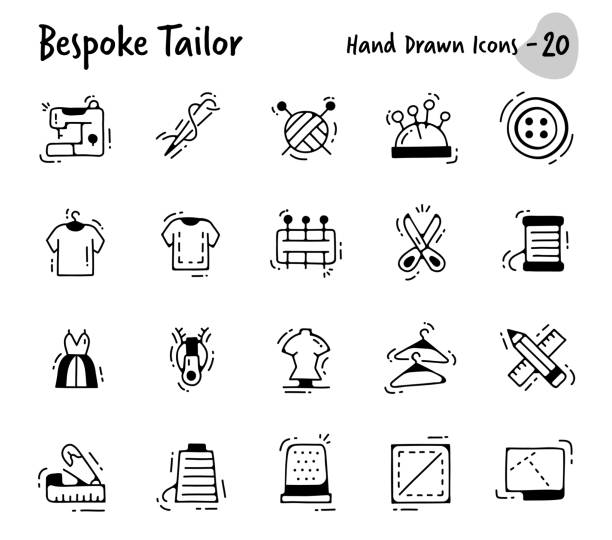ilustraciones, imágenes clip art, dibujos animados e iconos de stock de iconos a medida dibujados a mano - needle craft tailor sewing
