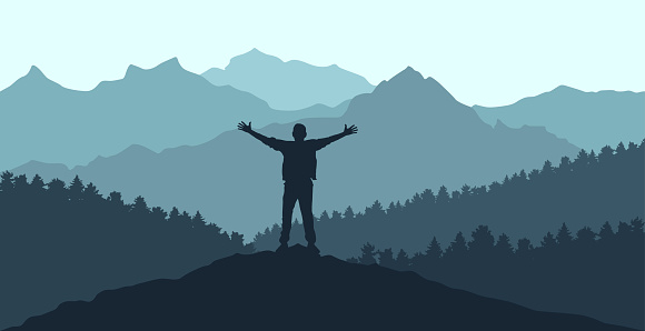 Concept of freedom. Happy man stand on peak of mountain on background of beautiful forest and mountains. Silhouette. Vector illustration