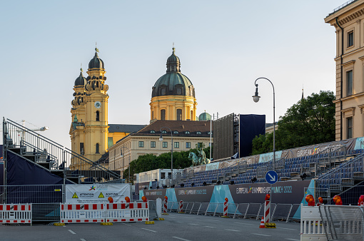 On August 8th 2022, bleacher at Odeonplatz for the 2022 European Championship that Munich hosts from August 11th to August 22nd.