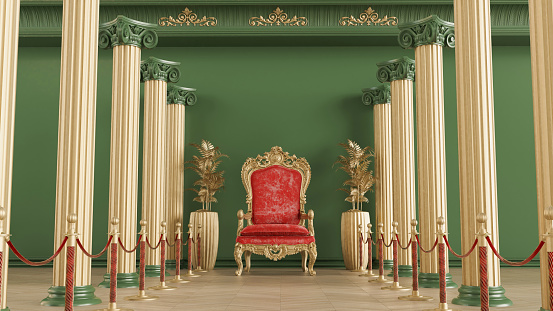 3D render of red king throne between golden roman columns background and gold barriers, VIP concept