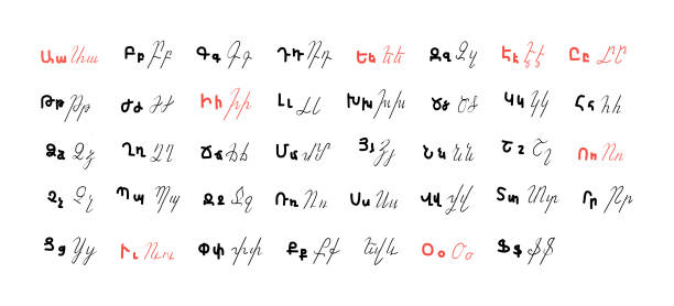 istock Armenian alphabet. Correspondence of printed and handwritten, uppercase and lowercase letters of the Armenian alphabet. Vowel letters are highlighted in red. Illustration for language courses 1415394355