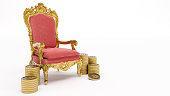 gold and red king throne with golden bitcoin isolated on white background,