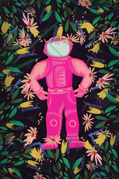 Vector illustration of Pink astronaut in space and cosmos flowers