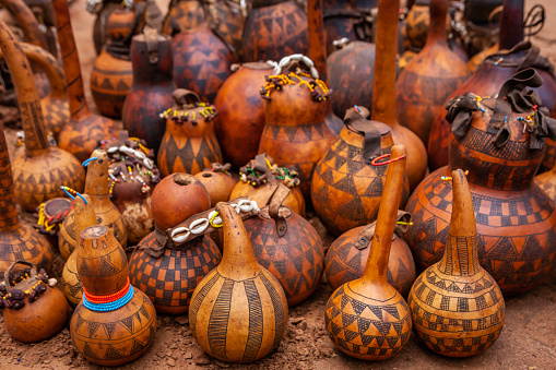 Gourd containers for sale, Ethiopian street market in Omo Valley, East Africa