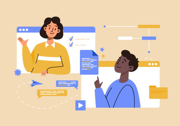 istock Man and woman taking part in business communication at remote work. Online video conference calls, sending documents, group chat, teamwork concept. Software engineer working on web development project 1415398956