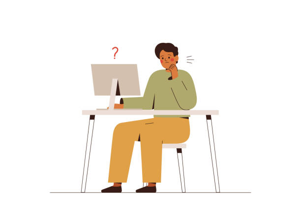 ilustrações de stock, clip art, desenhos animados e ícones de thoughtful businessman works at the computer and thinks or solves the problem. young man goes over online survey or questionnaire on internet. - white background decisions contemplation choice