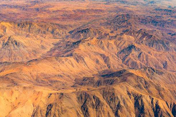 Aerial view of rivers with agriculture in the valleys between the mountains in northern Chile