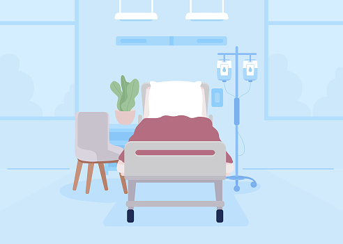 Empty bed in hospital ward flat color vector illustration. Comfortable place to treat patient. Healthcare service. Fully editable 2D simple cartoon interior with medical equipment on background