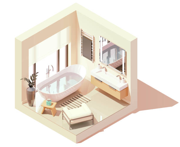 Vector isometric modern bathroom Vector isometric modern bathroom. White bathroom with wooden furniture, white bathtub and double washbasin, large window. Minimalist modern interior vanity mirror stock illustrations