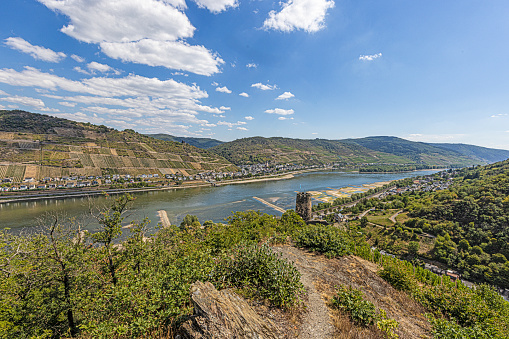 Panoramic image over the Rhine near Lorch with water low during the day in summer