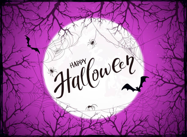 lila halloween hintergrund mit spinnen auf mond hintergrund - frame grunge halloween backgrounds stock-grafiken, -clipart, -cartoons und -symbole