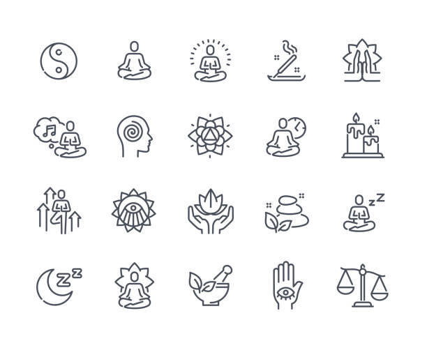 illustrations, cliparts, dessins animés et icônes de ensemble d’icônes de ligne liées à la méditation - zen
