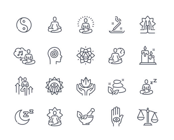 Set of Meditation Related Line Icons Set of Meditation Related Line Icons. Psychological balance, mental health, yoga and lotus pose. Design elements for apps. Editable Stroke. Cartoon flat vector collection isolated on white background relaxed stock illustrations