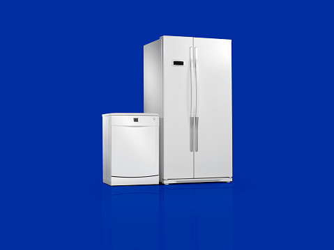 White home appliances on blue background