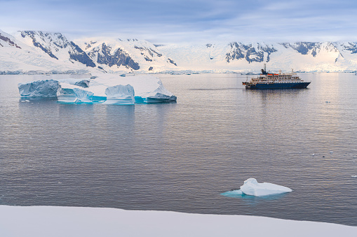 A passenger ship arrives at the Antarctic Peninsular
