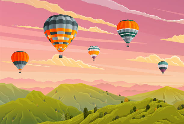 wolken und gestreifte heißluftballons gegen bewölkten himmel fliegen über berge. heißluftballon-festival - hot air balloon stock-grafiken, -clipart, -cartoons und -symbole