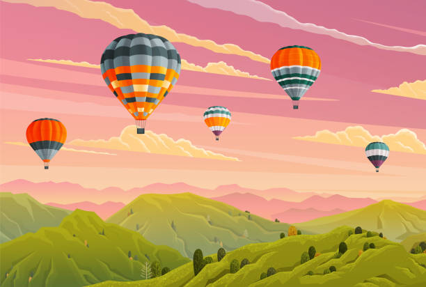 Clouds and striped hot air balloons against cloudy sky fly over mountains. Hot air balloon festival Clouds and striped hot air balloons against lilac cloudy sky fly over mountains. Hot air balloon festival. Beautiful sight several colored bright balls in the sunset sky. Romantic flight, travel hot air balloon stock illustrations
