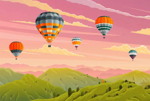 Vector illustration of Clouds and striped hot air balloons against cloudy sky fly over mountains. Hot air balloon festival