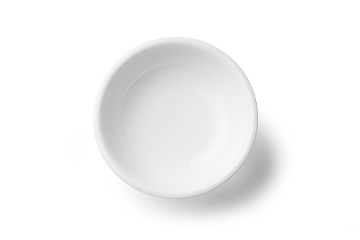 Empty white round porcelain Soup Plate, isolated on white background, viewed directly above.