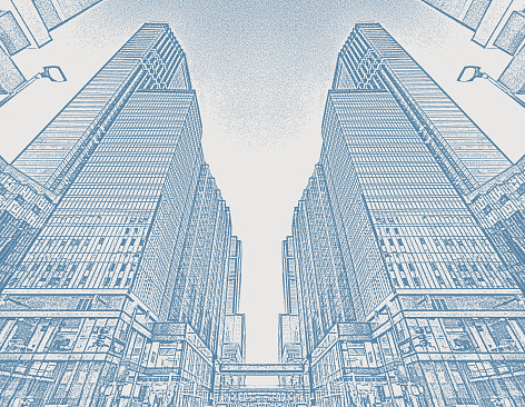 City skyscrapers and street with symmetry