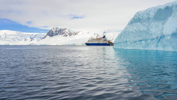 antarctic iceberg landscape at portal point which is located at the entrance to charlotte bay on the reclus peninsula, on the west coast of graham land. - ice cold glacier blue imagens e fotografias de stock