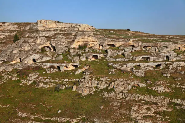 Matera, Basilicata, Italy, landscape of the ancient cave houses carved into the tufa rock on the edge of the deep ravine