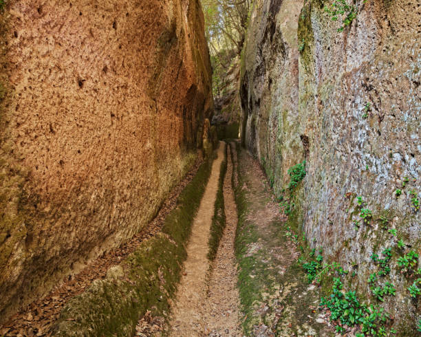 Pitigliano, Grosseto, Tuscany, Italy: Etruscan Vie Cave, excavated roads, long trench dug into the tuff that connected ancient necropolis and various settlements, also in the area of Sovana and Sorano Pitigliano, Grosseto, Tuscany, Italy: Etruscan Vie Cave, excavated roads, long trench dug into the tuff rock that connected ancient necropolis and several settlements in the area of Sovana, Sorano and Pitigliano pitigliano stock pictures, royalty-free photos & images