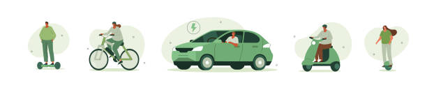 ilustraciones, imágenes clip art, dibujos animados e iconos de stock de conjunto de transporte eléctrico - green car