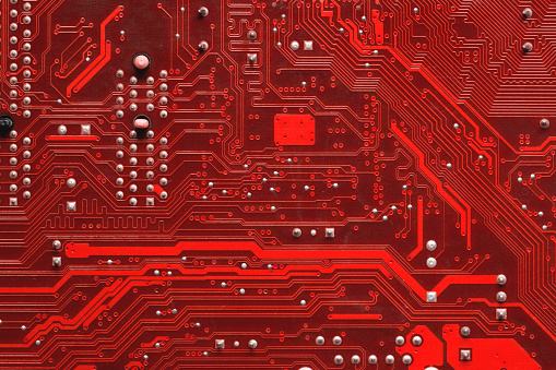 Printed circuit board. Electronic computer technology. Motherboard digital chip. Background of technical sciences. Built-in communication processor. Information engineering component