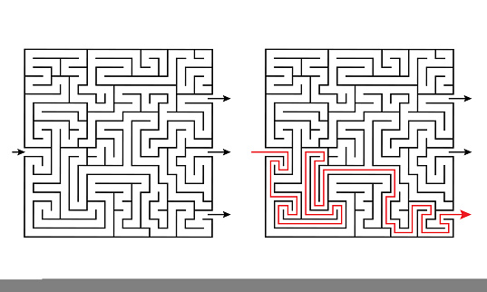 Maze labyrinth educational logic game for kids with several exits and solution. Challenging puzzle for Montessori school. Find the way out. Square rebus vector illustration for children's education