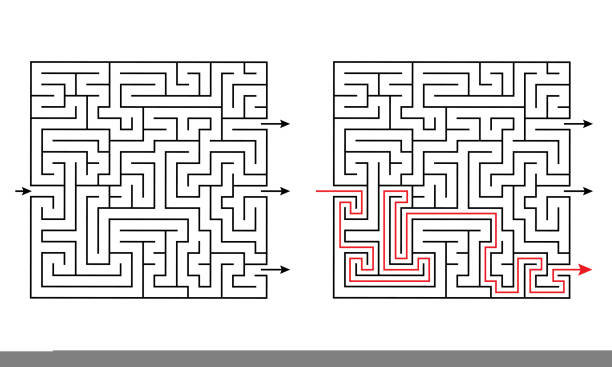 Maze labyrinth educational logic game for kids with several exits and solution. Challenging puzzle for montessori school Maze labyrinth educational logic game for kids with several exits and solution. Challenging puzzle for Montessori school. Find the way out. Square rebus vector illustration for children's education maze stock illustrations