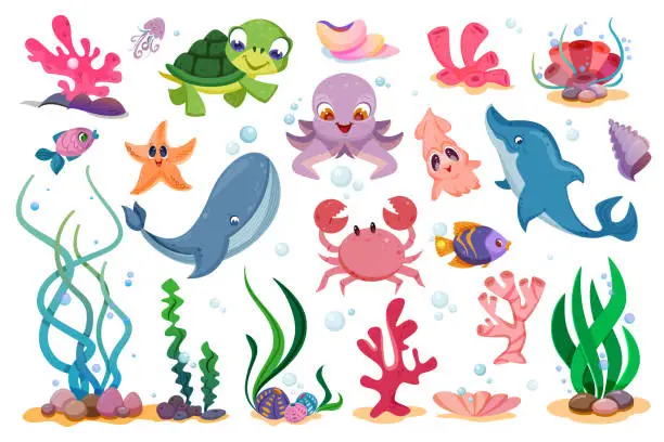 Vector illustration of Flat cute underwater sea animals, marine plants and fishes