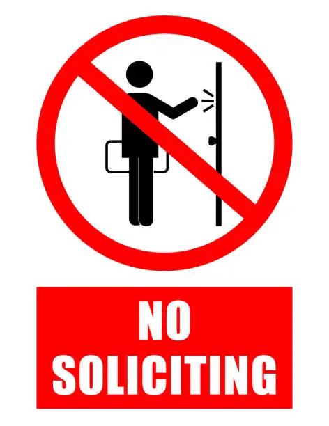Vector illustration of No soliciting, ban sign with a salesman knocking at the door