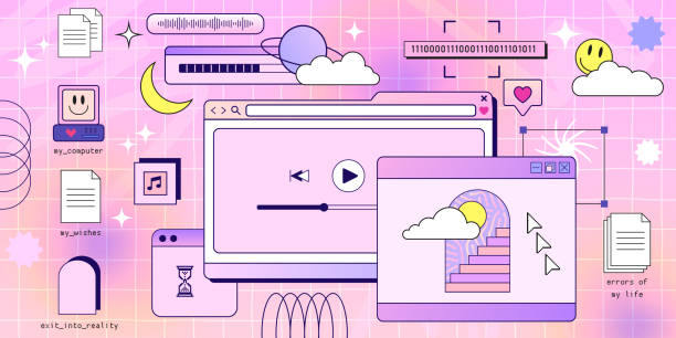 ilustrações, clipart, desenhos animados e ícones de janela de computador de navegador retrô no estilo vaporwave dos anos 90 com adesivos hipster de rosto sorridente. desktop retrowave pc com caixas de mensagens e elementos de interface do usuário pop-up, ilustração vetorial de interface e ux - computer monitor computer backgrounds frame