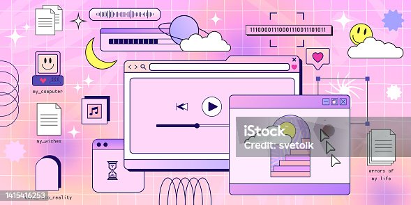 istock Retro browser computer window in 90s vaporwave style with smile face hipster stickers. Retrowave pc desktop with message boxes and popup user interface elements, Vector illustration of UI and UX 1415416253