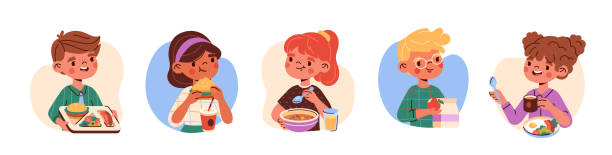 illustrations, cliparts, dessins animés et icônes de ensemble d’enfants prenant le petit déjeuner - preschooler