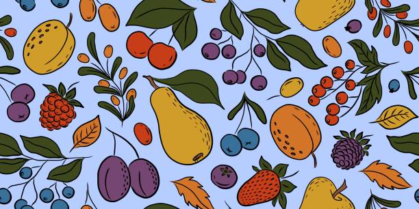 다채로운 과일과 열매를 가진 밝은 파란 벡터 이음새가 없는 무늬 - cherry coloured colored background yellow red stock illustrations