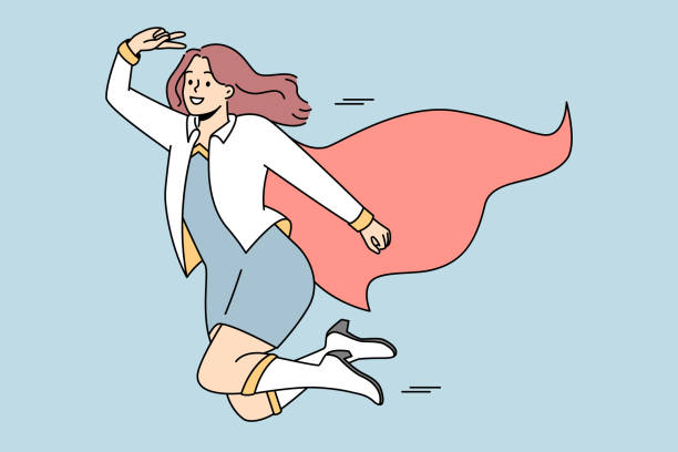 ilustraciones, imágenes clip art, dibujos animados e iconos de stock de mujer de negocios sonriente disfrazada de superhéroe - superhero flying heroes business