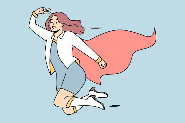 uśmiechnięta bizneswoman w kostiumie superbohatera - superhero flying heroes business stock illustrations