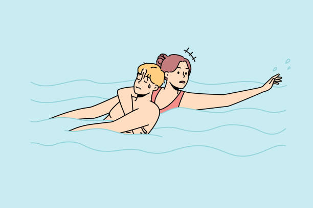 Woman saving man drowning in water vector art illustration