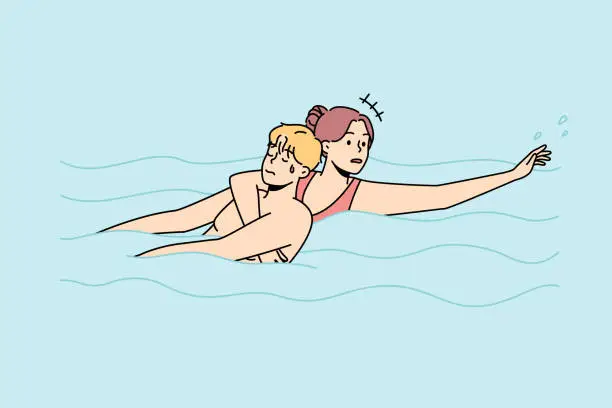 Vector illustration of Woman saving man drowning in water