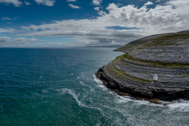 vue aérienne de la côte de burren dans le comté de clare avec le phare de black head sur la pointe rocheuse - kinvara photos et images de collection