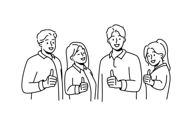 uśmiechnięci ludzie pokazują kciuki w górę, dając rekomendację - meeting business cheerful hope stock illustrations