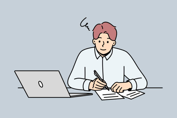 Man work on laptop make notes on paper Young man sit at desk working on laptop making notes on paper. Guy studying online on computer writing in notebook. Education and remote job. Vector illustration. man sitting alone drawing stock illustrations