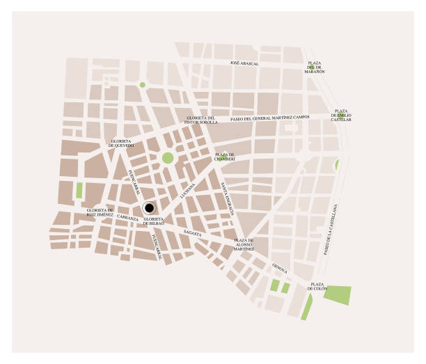 illustrazioni stock, clip art, cartoni animati e icone di tendenza di chamberí quartiere mappa stradale della città di madrid con i nomi di strade e viali. spagna capitale. illustrazione vettoriale cartografica a colori. - mappa della città