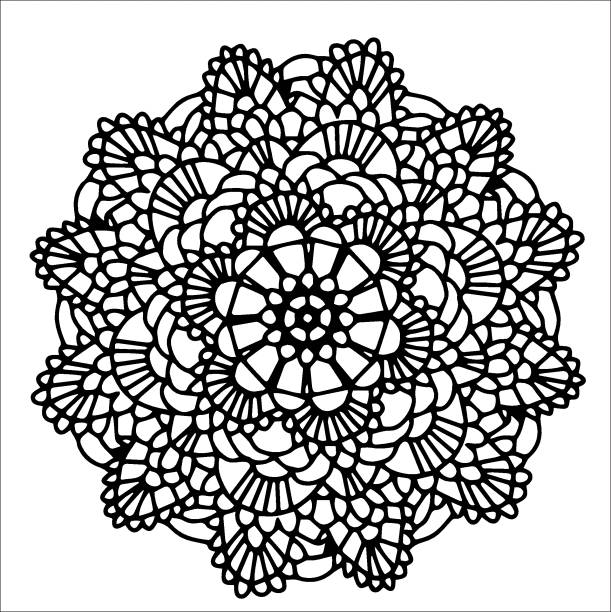 illustrations, cliparts, dessins animés et icônes de ornement en cercle, mandala, serviette ronde en dentelle, contour noir et blanc illustration dessinée à la main, isolée sur fond blanc - doily