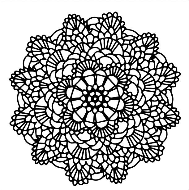 ornament in a circle, mandala, lace round crocheted napkin , black and white contour illustration hand-drawn, isolated on a white background ornament in a circle, mandala, lace round crocheted napkin , black and white contour illustration hand-drawn, isolated on a white background lace doily crochet craft product stock illustrations