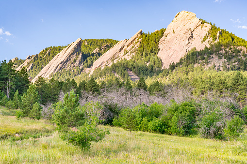 View of the Flatiron Peaks in Chautauqua Park in Boulder, Colorado